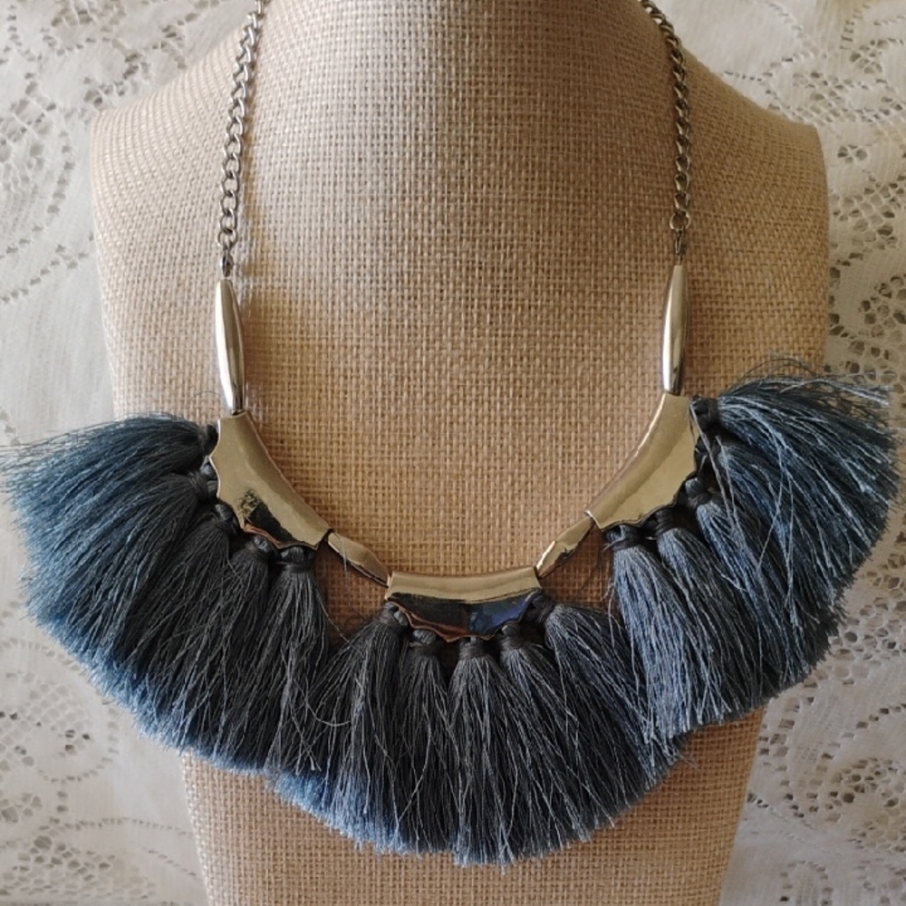 Statement Tassel necklace with Silver-like chain